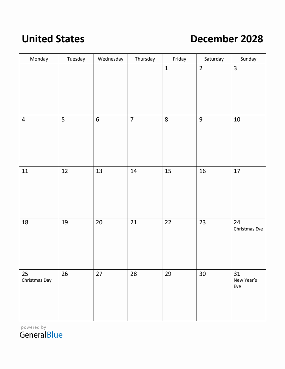 printable monthly calendar united states december 2023