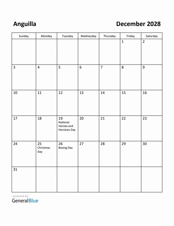 December 2028 Calendar with Anguilla Holidays
