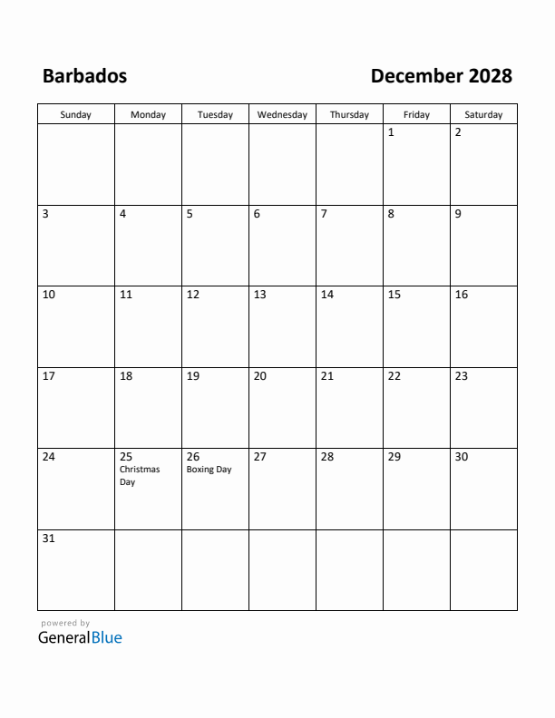 December 2028 Calendar with Barbados Holidays
