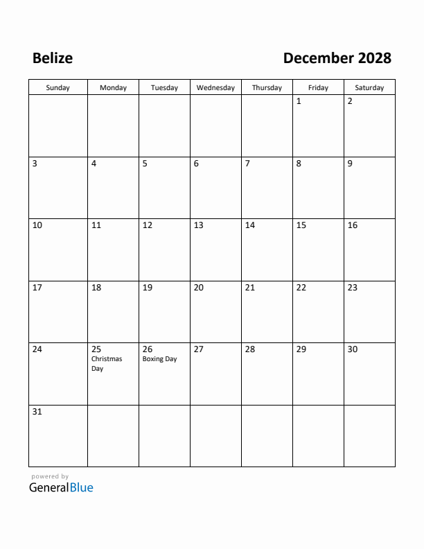 December 2028 Calendar with Belize Holidays