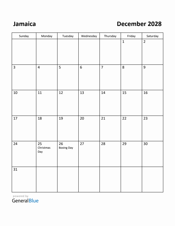 December 2028 Calendar with Jamaica Holidays