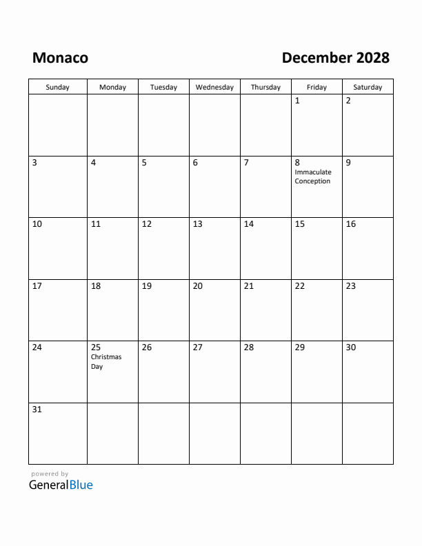 December 2028 Calendar with Monaco Holidays