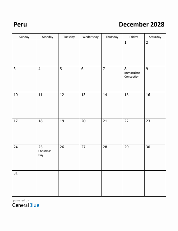 December 2028 Calendar with Peru Holidays