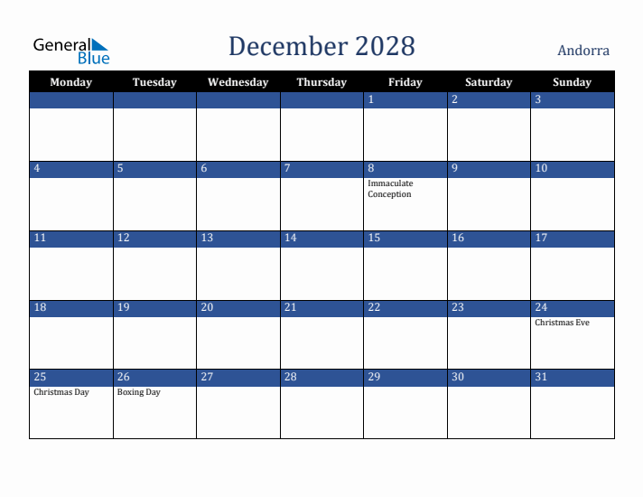 December 2028 Andorra Calendar (Monday Start)