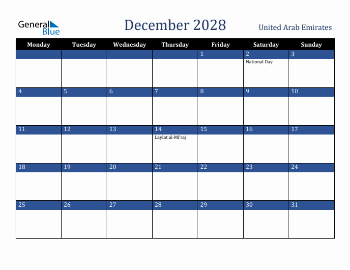 December 2028 United Arab Emirates Calendar (Monday Start)