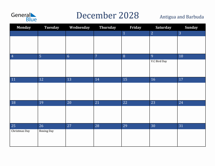 December 2028 Antigua and Barbuda Calendar (Monday Start)