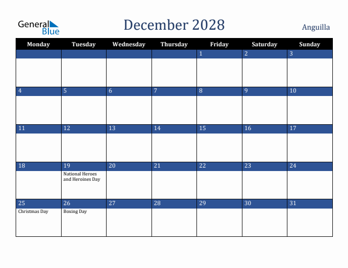 December 2028 Anguilla Calendar (Monday Start)
