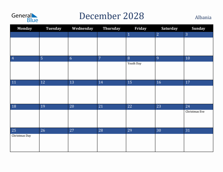 December 2028 Albania Calendar (Monday Start)