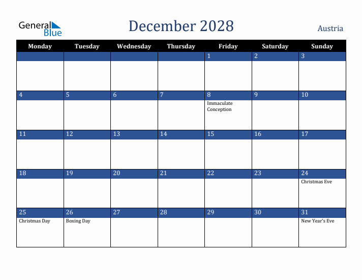 December 2028 Austria Calendar (Monday Start)