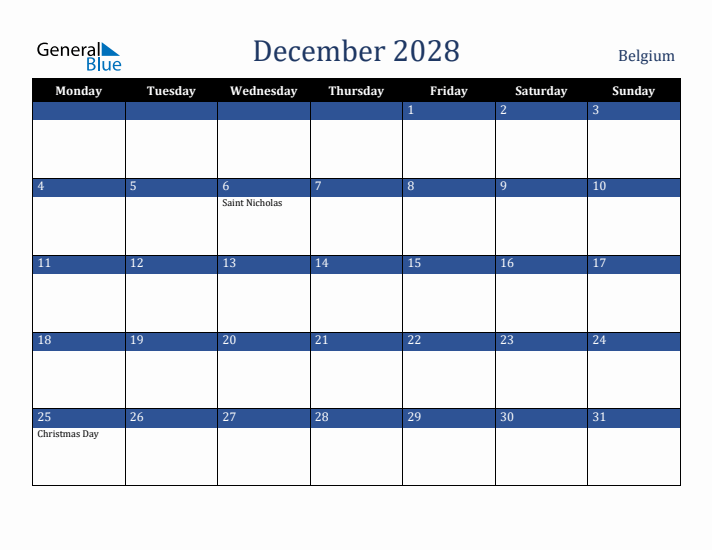 December 2028 Belgium Calendar (Monday Start)