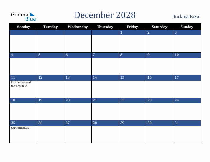 December 2028 Burkina Faso Calendar (Monday Start)