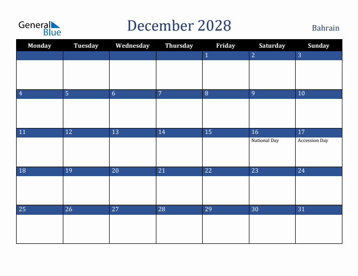 December 2028 Bahrain Calendar (Monday Start)