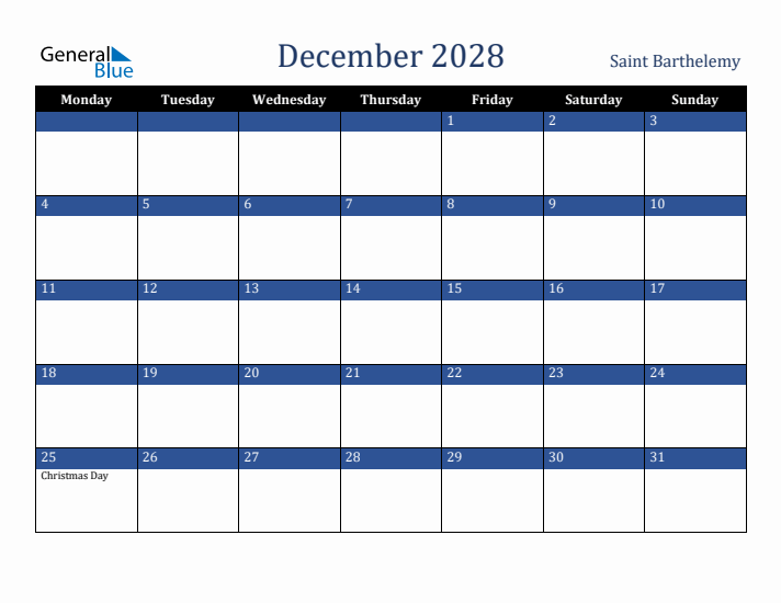 December 2028 Saint Barthelemy Calendar (Monday Start)