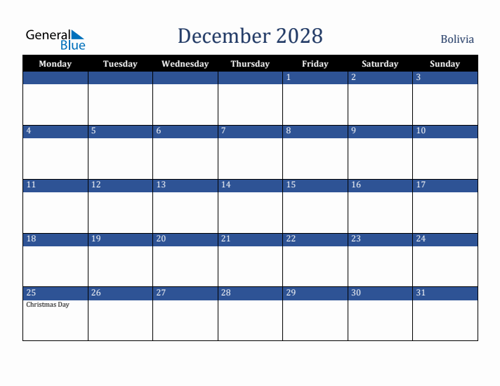 December 2028 Bolivia Calendar (Monday Start)