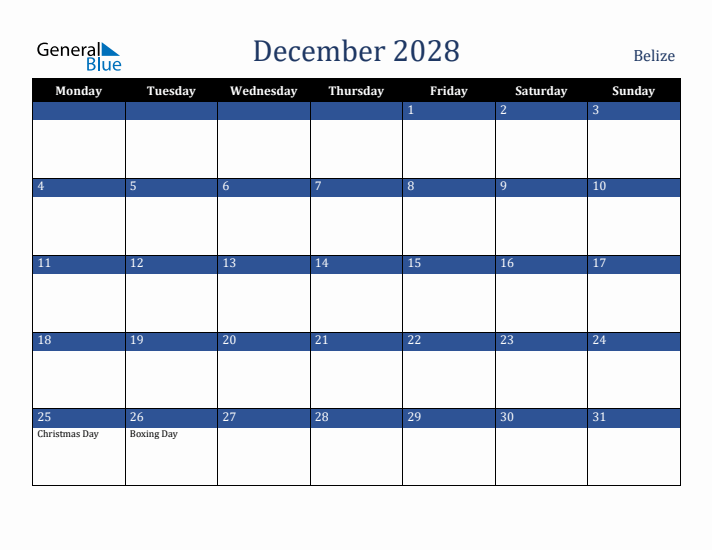 December 2028 Belize Calendar (Monday Start)