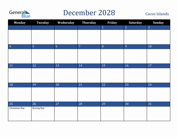 December 2028 Cocos Islands Calendar (Monday Start)