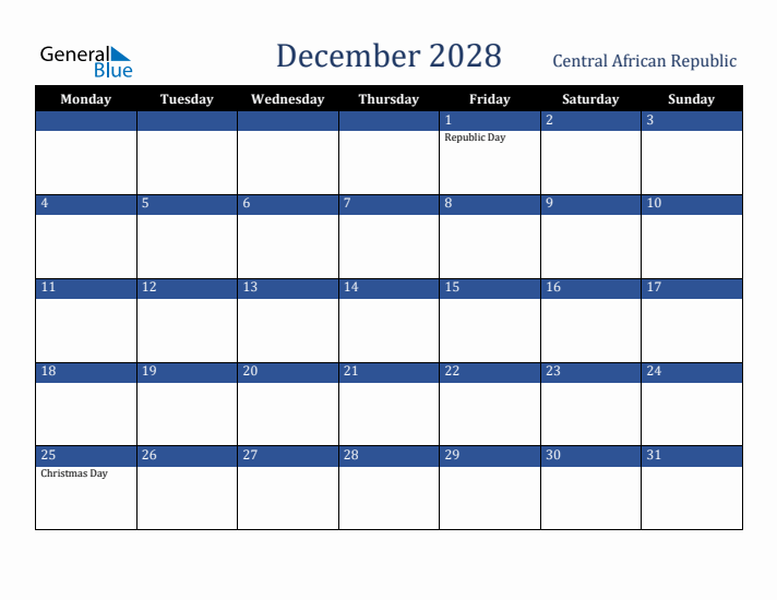 December 2028 Central African Republic Calendar (Monday Start)
