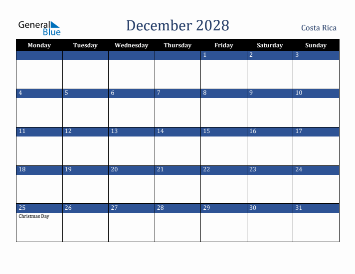 December 2028 Costa Rica Calendar (Monday Start)