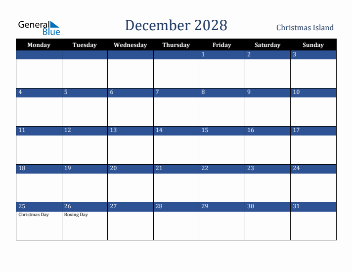 December 2028 Christmas Island Calendar (Monday Start)