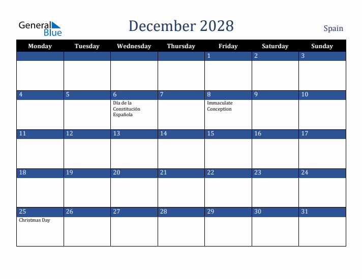 December 2028 Spain Calendar (Monday Start)