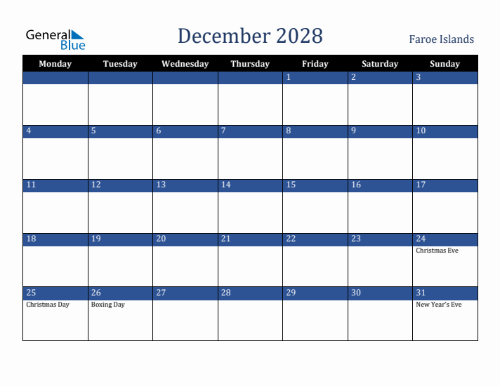 December 2028 Faroe Islands Calendar (Monday Start)