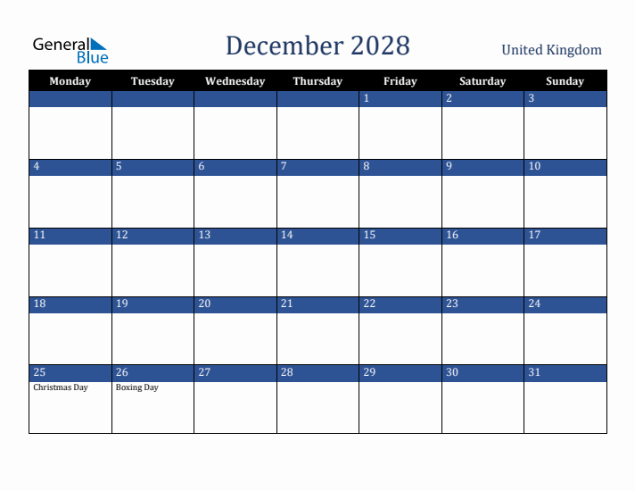 December 2028 United Kingdom Calendar (Monday Start)