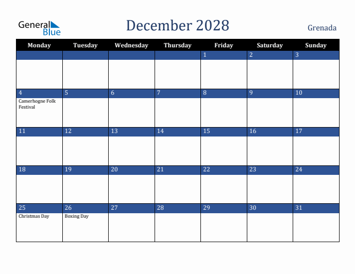 December 2028 Grenada Calendar (Monday Start)