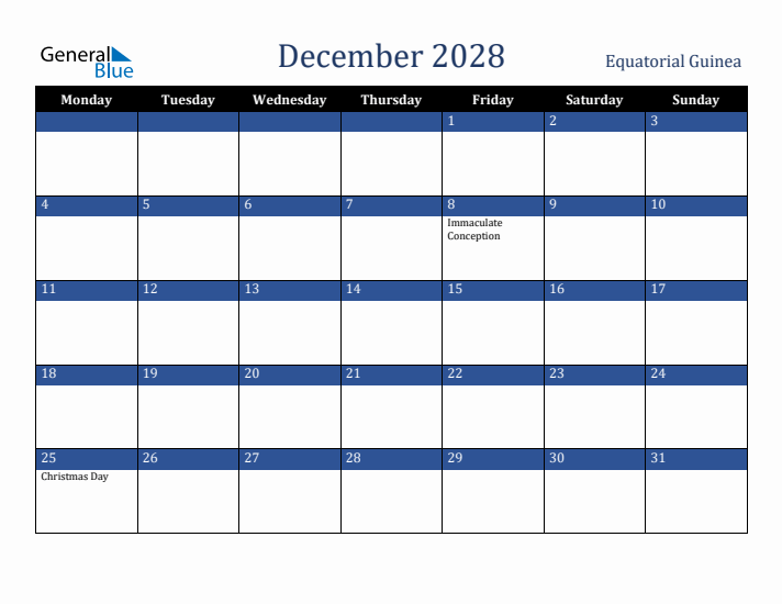 December 2028 Equatorial Guinea Calendar (Monday Start)