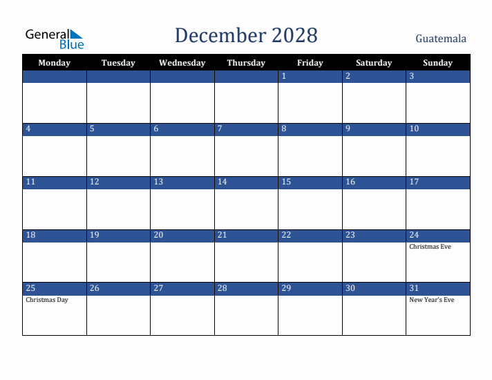 December 2028 Guatemala Calendar (Monday Start)