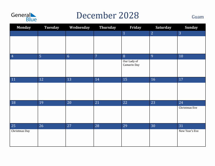 December 2028 Guam Calendar (Monday Start)