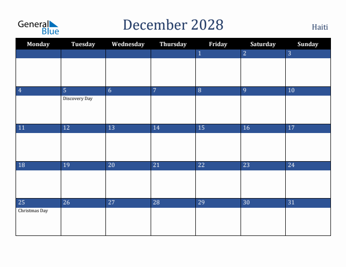 December 2028 Haiti Calendar (Monday Start)