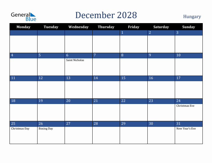 December 2028 Hungary Calendar (Monday Start)