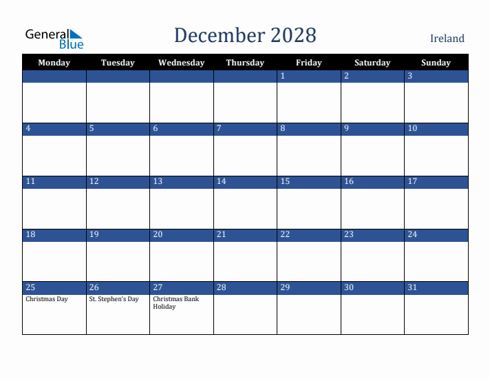 December 2028 Ireland Calendar (Monday Start)