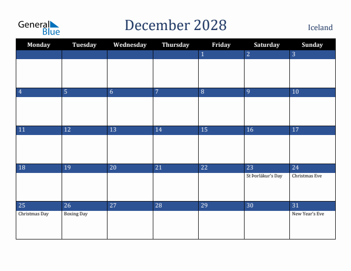 December 2028 Iceland Calendar (Monday Start)