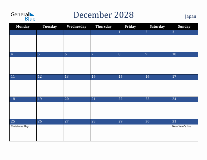 December 2028 Japan Calendar (Monday Start)