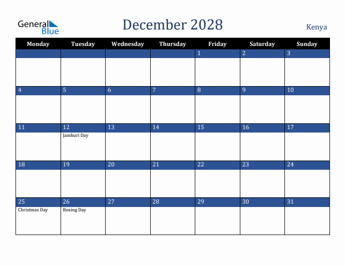 December 2028 Kenya Calendar (Monday Start)