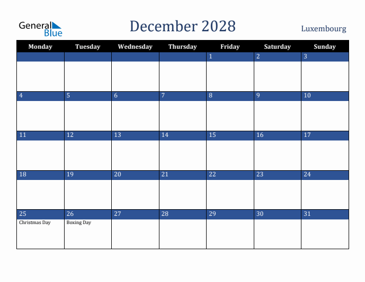 December 2028 Luxembourg Calendar (Monday Start)