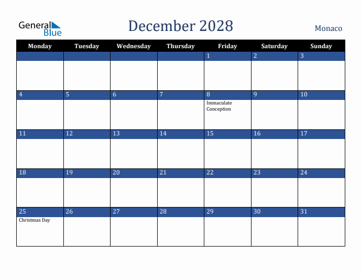 December 2028 Monaco Calendar (Monday Start)