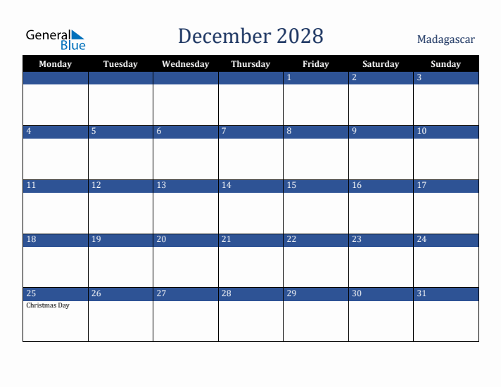 December 2028 Madagascar Calendar (Monday Start)