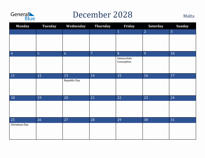 December 2028 Malta Calendar (Monday Start)