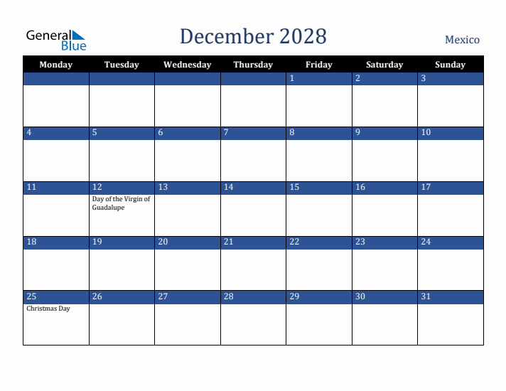 December 2028 Mexico Calendar (Monday Start)