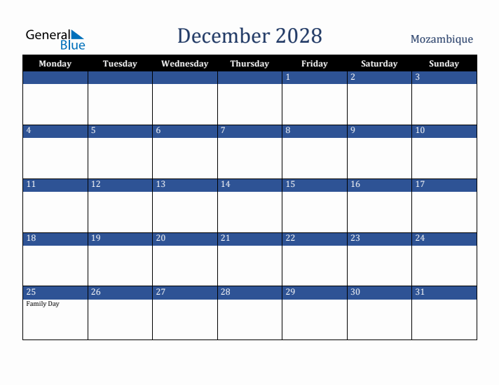 December 2028 Mozambique Calendar (Monday Start)