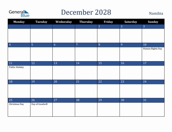 December 2028 Namibia Calendar (Monday Start)
