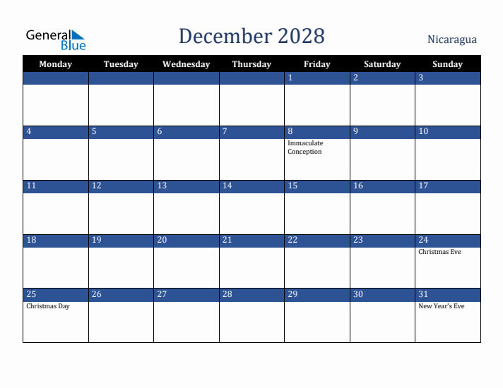 December 2028 Nicaragua Calendar (Monday Start)