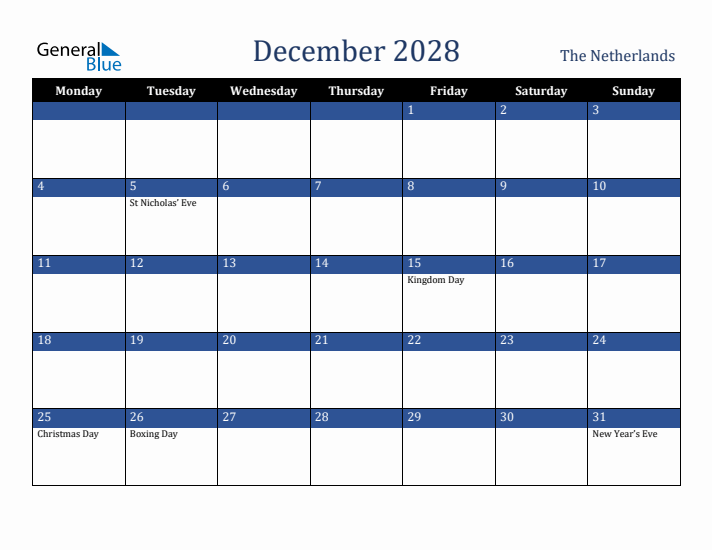 December 2028 The Netherlands Calendar (Monday Start)