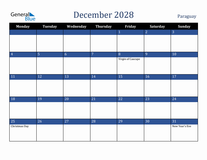 December 2028 Paraguay Calendar (Monday Start)