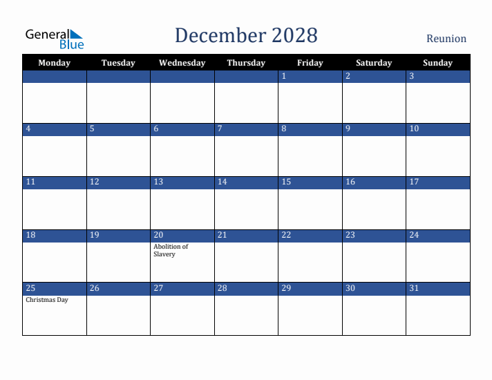 December 2028 Reunion Calendar (Monday Start)