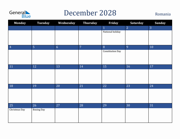 December 2028 Romania Calendar (Monday Start)