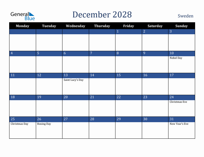 December 2028 Sweden Calendar (Monday Start)
