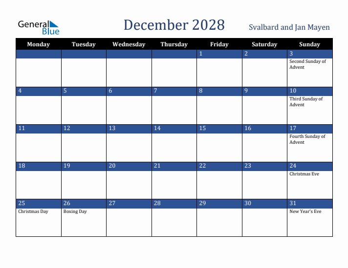 December 2028 Svalbard and Jan Mayen Calendar (Monday Start)